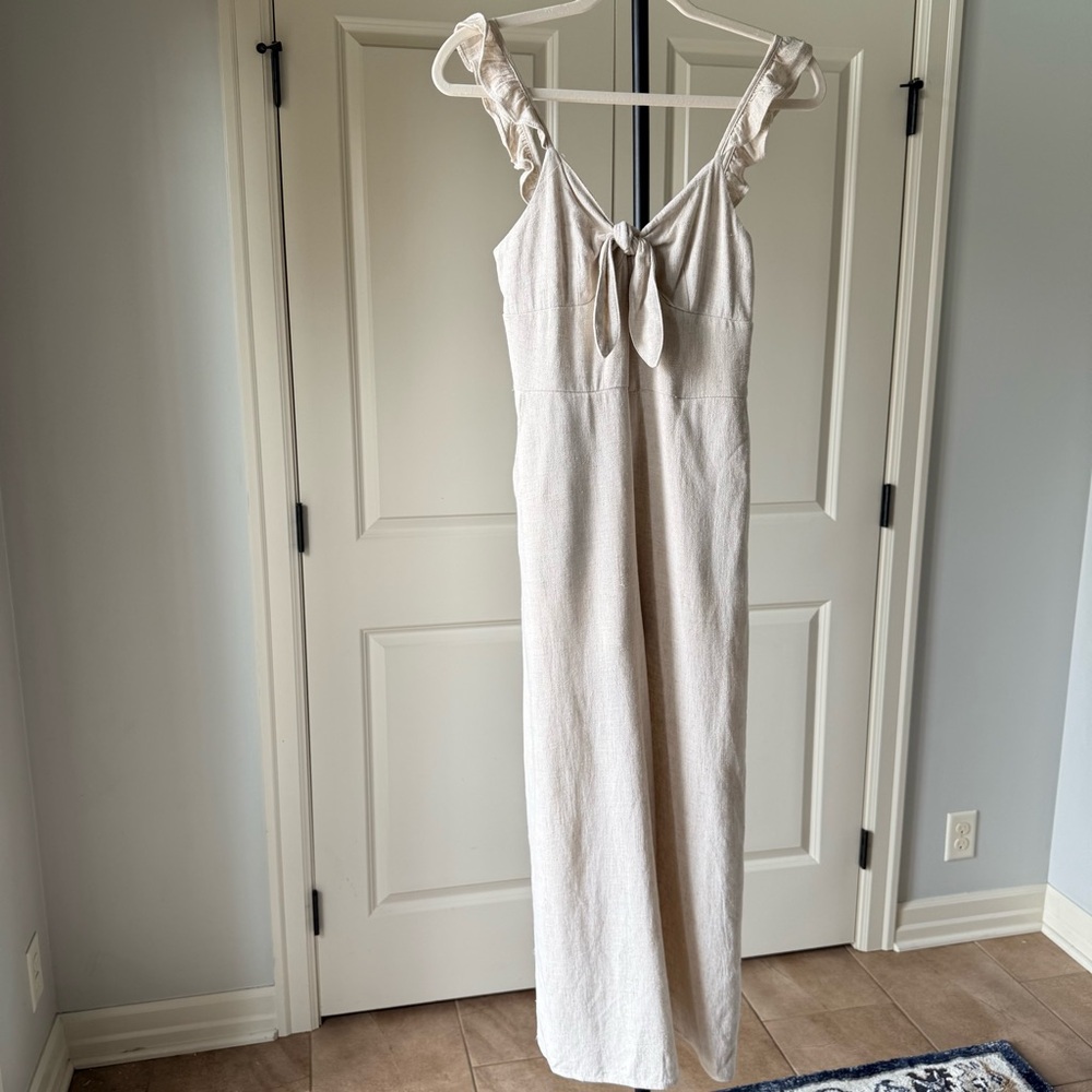 She + Sky Linen Look Wide Leg Jumpsuit Tie Front Ruffle Strap Size S